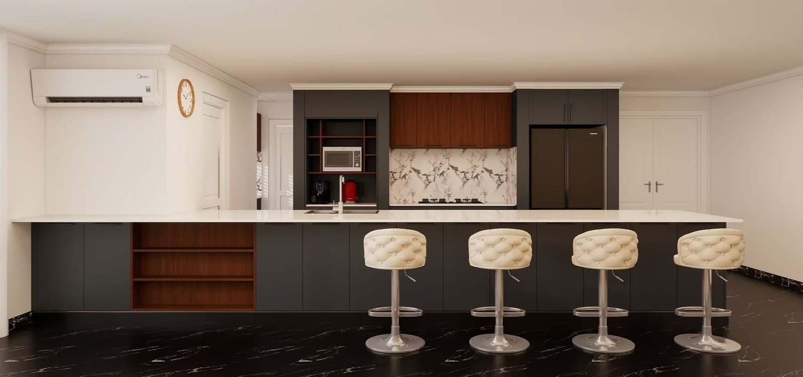 Wide custom kitchen with island and dark cabinetry by FormaMuse Perth