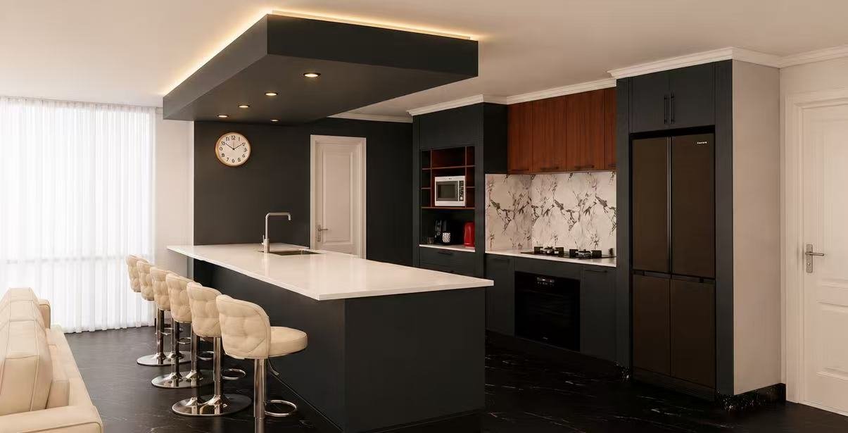 FormaMuse custom dark kitchen cabinetry and island in a Perth home